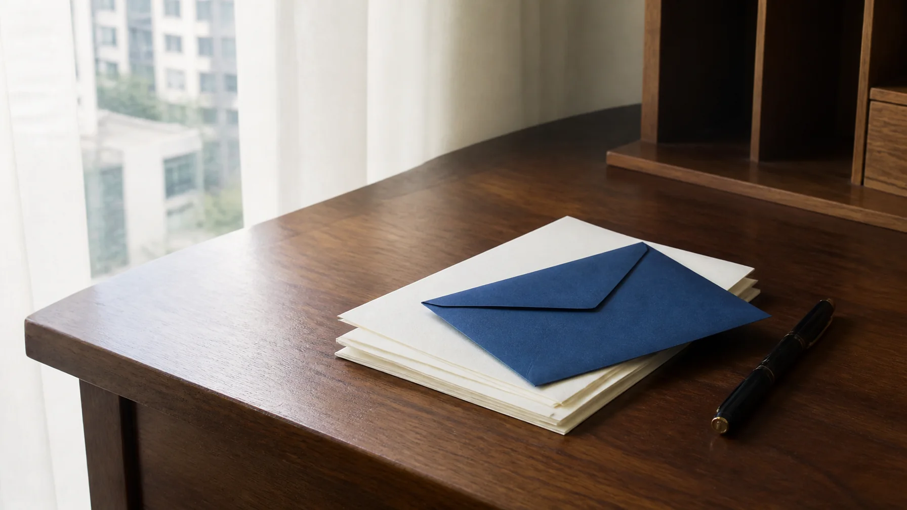 Folded letters and a blue envelope on a walnut desk by a window in the morning