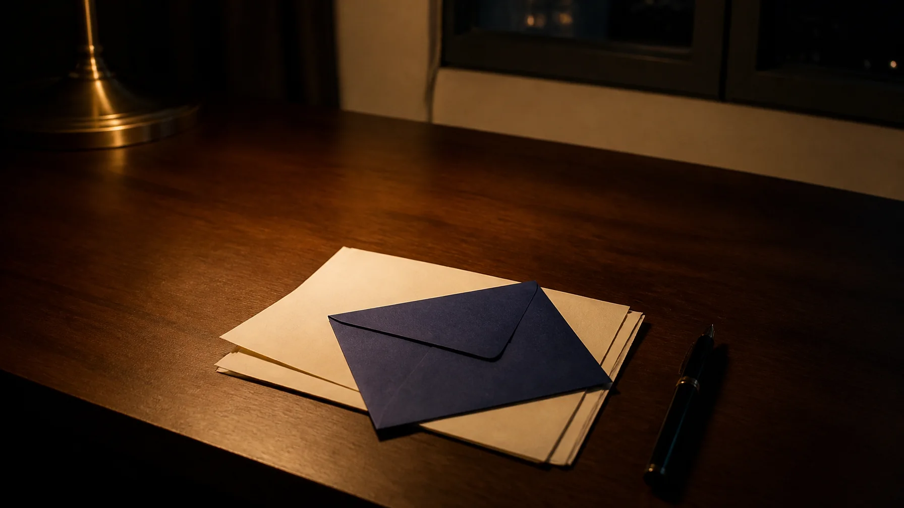 Folded letters and a blue envelope on a walnut desk under a lamp at night